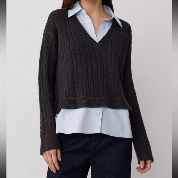 Ann Taylor Sweaters - NWOT Ann Taylor Charcoal V-Neck Twofer Cable Knit Sweater